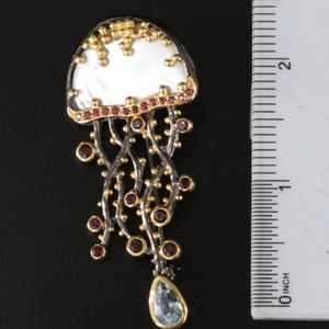 Vintage Sterling Jellyfish Brooch with Mother of Pearl, Topaz and Garnet